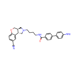 N#Cc1ccc2c(c1)[C@H]1CN(CCCCNC(=O)c3ccc(-c4ccc(N)cc4)cc3)C[C@@H]1CO2 ZINC000095559304