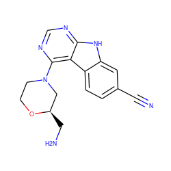 N#Cc1ccc2c(c1)[nH]c1ncnc(N3CCO[C@H](CN)C3)c12 ZINC000043202382