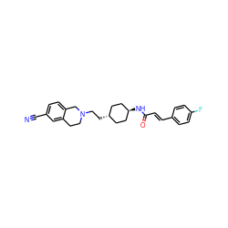 N#Cc1ccc2c(c1)CCN(CC[C@H]1CC[C@H](NC(=O)/C=C/c3ccc(F)cc3)CC1)C2 ZINC000299847264