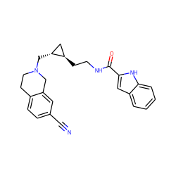 N#Cc1ccc2c(c1)CN(C[C@@H]1C[C@H]1CCNC(=O)c1cc3ccccc3[nH]1)CC2 ZINC001772618574