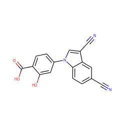 N#Cc1ccc2c(c1)c(C#N)cn2-c1ccc(C(=O)O)c(O)c1 ZINC000202393360