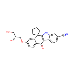 N#Cc1ccc2c3c([nH]c2c1)C1(CCCC1)c1cc(OC[C@H](O)CO)ccc1C3=O ZINC000114802585