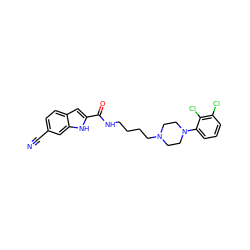 N#Cc1ccc2cc(C(=O)NCCCCN3CCN(c4cccc(Cl)c4Cl)CC3)[nH]c2c1 ZINC000038942111