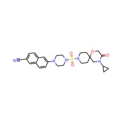 N#Cc1ccc2cc(N3CCN(S(=O)(=O)N4CCC5(CC4)CN(C4CC4)C(=O)CO5)CC3)ccc2c1 ZINC000205659990