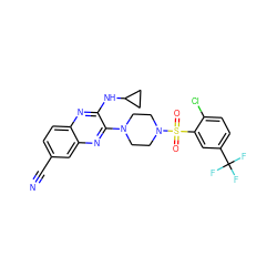 N#Cc1ccc2nc(NC3CC3)c(N3CCN(S(=O)(=O)c4cc(C(F)(F)F)ccc4Cl)CC3)nc2c1 ZINC000144365905