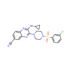 N#Cc1ccc2nc(NC3CC3)c(N3CCN(S(=O)(=O)c4cccc(Cl)c4)CC3)nc2c1 ZINC000144073599