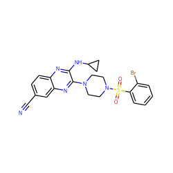 N#Cc1ccc2nc(NC3CC3)c(N3CCN(S(=O)(=O)c4ccccc4Br)CC3)nc2c1 ZINC000144241066