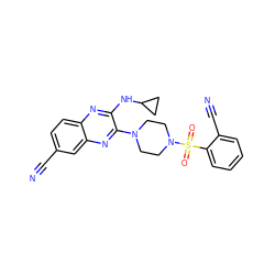 N#Cc1ccc2nc(NC3CC3)c(N3CCN(S(=O)(=O)c4ccccc4C#N)CC3)nc2c1 ZINC000144393413