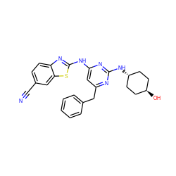 N#Cc1ccc2nc(Nc3cc(Cc4ccccc4)nc(N[C@H]4CC[C@H](O)CC4)n3)sc2c1 ZINC000261160988