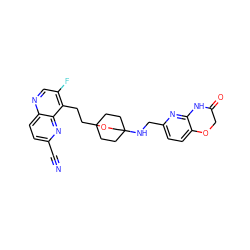 N#Cc1ccc2ncc(F)c(CCC34CCC(NCc5ccc6c(n5)NC(=O)CO6)(CC3)CO4)c2n1 ZINC000149125185