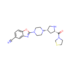 N#Cc1ccc2oc(N3CCN([C@@H]4CN[C@H](C(=O)N5CCSC5)C4)CC3)nc2c1 ZINC000084687229