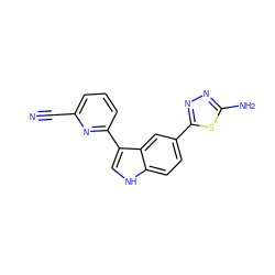 N#Cc1cccc(-c2c[nH]c3ccc(-c4nnc(N)s4)cc23)n1 ZINC000221729392