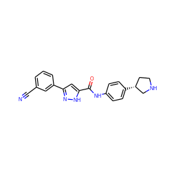 N#Cc1cccc(-c2cc(C(=O)Nc3ccc([C@@H]4CCNC4)cc3)[nH]n2)c1 ZINC000150258289