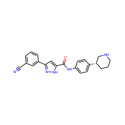 N#Cc1cccc(-c2cc(C(=O)Nc3ccc([C@H]4CCCNC4)cc3)[nH]n2)c1 ZINC000150129044