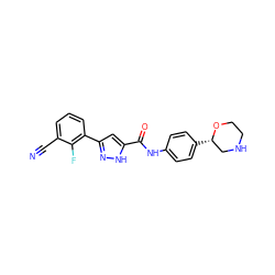 N#Cc1cccc(-c2cc(C(=O)Nc3ccc([C@H]4CNCCO4)cc3)[nH]n2)c1F ZINC000150204944