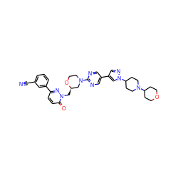 N#Cc1cccc(-c2ccc(=O)n(C[C@@H]3CN(c4ncc(-c5cnn(C6CCN(C7CCOCC7)CC6)c5)cn4)CCO3)n2)c1 ZINC000205748417