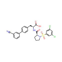 N#Cc1cccc(-c2ccc(C[C@H](NC(=O)[C@@H]3CCCN3S(=O)(=O)c3cc(Cl)cc(Cl)c3)C(=O)O)cc2)c1 ZINC000026645595