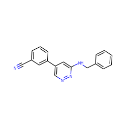 N#Cc1cccc(-c2cnnc(NCc3ccccc3)c2)c1 ZINC000013673540