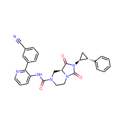 N#Cc1cccc(-c2ncccc2NC(=O)N2CCN3C(=O)N([C@H]4C[C@@H]4c4ccccc4)C(=O)[C@@H]3C2)c1 ZINC000072107336