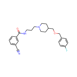 N#Cc1cccc(C(=O)NCCCN2CCC(COCc3ccc(F)cc3)CC2)c1 ZINC000073129363