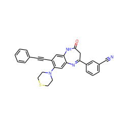 N#Cc1cccc(C2=Nc3cc(N4CCSCC4)c(C#Cc4ccccc4)cc3NC(=O)C2)c1 ZINC000101096966