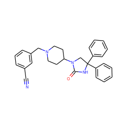 N#Cc1cccc(CN2CCC(N3CC(c4ccccc4)(c4ccccc4)NC3=O)CC2)c1 ZINC000034802340