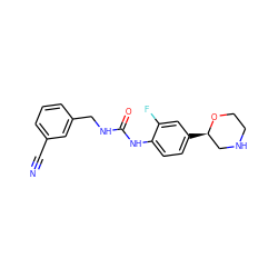 N#Cc1cccc(CNC(=O)Nc2ccc([C@@H]3CNCCO3)cc2F)c1 ZINC000149851479