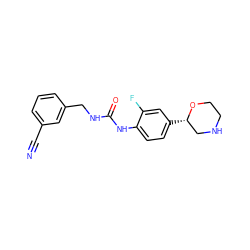 N#Cc1cccc(CNC(=O)Nc2ccc([C@H]3CNCCO3)cc2F)c1 ZINC000149851918