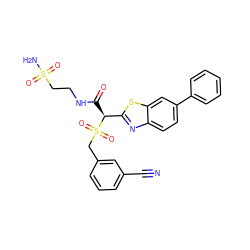 N#Cc1cccc(CS(=O)(=O)[C@@H](C(=O)NCCS(N)(=O)=O)c2nc3ccc(-c4ccccc4)cc3s2)c1 ZINC000144674839