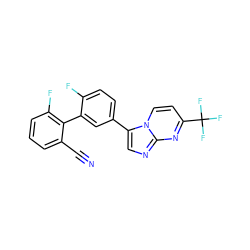 N#Cc1cccc(F)c1-c1cc(-c2cnc3nc(C(F)(F)F)ccn23)ccc1F ZINC000013678275