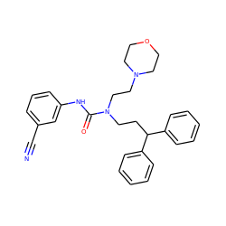 N#Cc1cccc(NC(=O)N(CCC(c2ccccc2)c2ccccc2)CCN2CCOCC2)c1 ZINC000095604430