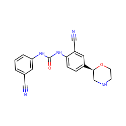 N#Cc1cccc(NC(=O)Nc2ccc([C@@H]3CNCCO3)cc2C#N)c1 ZINC000149853082