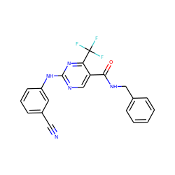 N#Cc1cccc(Nc2ncc(C(=O)NCc3ccccc3)c(C(F)(F)F)n2)c1 ZINC000028645255