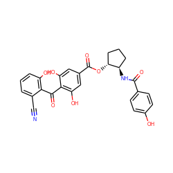 N#Cc1cccc(O)c1C(=O)c1c(O)cc(C(=O)O[C@@H]2CCC[C@H]2NC(=O)c2ccc(O)cc2)cc1O ZINC000013474186