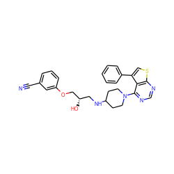 N#Cc1cccc(OC[C@@H](O)CNC2CCN(c3ncnc4scc(-c5ccccc5)c34)CC2)c1 ZINC000064539943