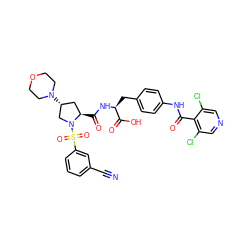 N#Cc1cccc(S(=O)(=O)N2C[C@H](N3CCOCC3)C[C@H]2C(=O)N[C@@H](Cc2ccc(NC(=O)c3c(Cl)cncc3Cl)cc2)C(=O)O)c1 ZINC000049746448