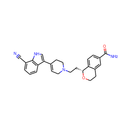 N#Cc1cccc2c(C3=CCN(CC[C@H]4OCCc5cc(C(N)=O)ccc54)CC3)c[nH]c12 ZINC000026494008