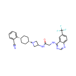 N#Cc1ccccc1[C@H]1CC[C@@H](N2CC(NC(=O)CNc3ncnc4ccc(C(F)(F)F)cc34)C2)CC1 ZINC000261155396