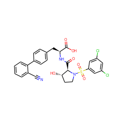 N#Cc1ccccc1-c1ccc(C[C@H](NC(=O)[C@@H]2[C@@H](O)CCN2S(=O)(=O)c2cc(Cl)cc(Cl)c2)C(=O)O)cc1 ZINC000028767097