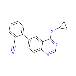 N#Cc1ccccc1-c1ccc2ncnc(NC3CC3)c2c1 ZINC000004265620