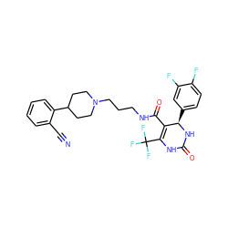 N#Cc1ccccc1C1CCN(CCCNC(=O)C2=C(C(F)(F)F)NC(=O)N[C@@H]2c2ccc(F)c(F)c2)CC1 ZINC000026656026