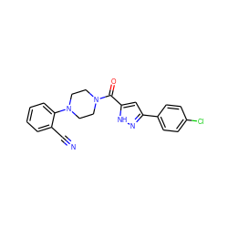 N#Cc1ccccc1N1CCN(C(=O)c2cc(-c3ccc(Cl)cc3)n[nH]2)CC1 ZINC000071329222