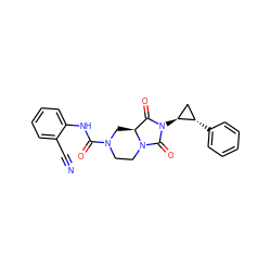 N#Cc1ccccc1NC(=O)N1CCN2C(=O)N([C@H]3C[C@@H]3c3ccccc3)C(=O)[C@@H]2C1 ZINC000072177889