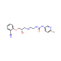 N#Cc1ccccc1OC[C@@H](O)CNCCNC(=O)Nc1ccc(Br)nc1 ZINC000084614600