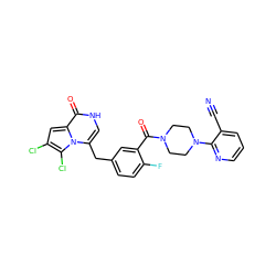 N#Cc1cccnc1N1CCN(C(=O)c2cc(Cc3c[nH]c(=O)c4cc(Cl)c(Cl)n34)ccc2F)CC1 ZINC000049757198