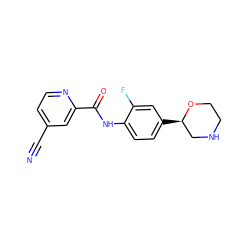 N#Cc1ccnc(C(=O)Nc2ccc([C@@H]3CNCCO3)cc2F)c1 ZINC000149862020