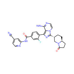 N#Cc1ccnc(NC(=O)c2ccc(-c3nc([C@@H]4CC[C@H]5CCC(=O)N5C4)n4ccnc(N)c34)c(F)c2)c1 ZINC000145510947