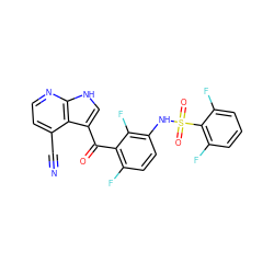 N#Cc1ccnc2[nH]cc(C(=O)c3c(F)ccc(NS(=O)(=O)c4c(F)cccc4F)c3F)c12 ZINC000113504785