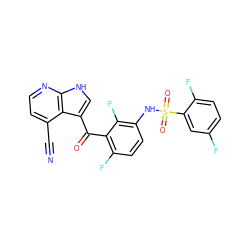 N#Cc1ccnc2[nH]cc(C(=O)c3c(F)ccc(NS(=O)(=O)c4cc(F)ccc4F)c3F)c12 ZINC000113504799