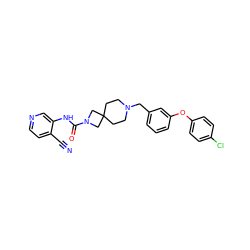 N#Cc1ccncc1NC(=O)N1CC2(CCN(Cc3cccc(Oc4ccc(Cl)cc4)c3)CC2)C1 ZINC000103260689